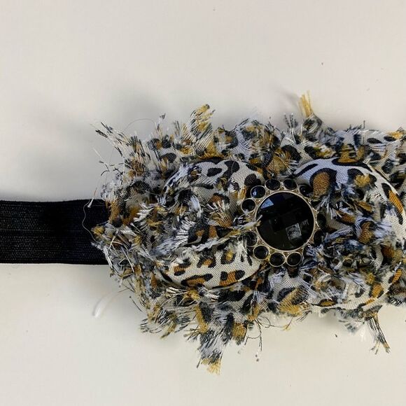 Cheetah Print Frayed Rosettes on Soft Elastic Headband and Rhinestone Center - Picture 4 of 6